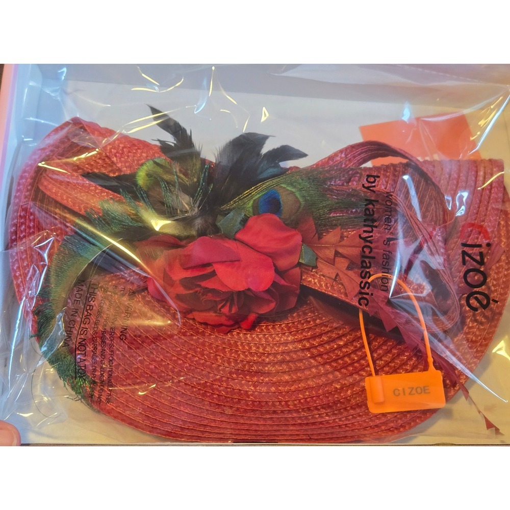 Red Straw Wide Brim‎ Hat Headband Fascinator Peacock Feather Rose for Women